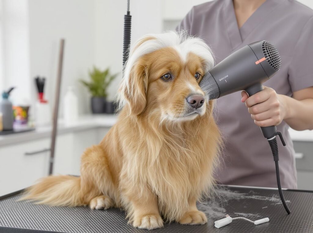 Professional pet groomer using ionic hair dryer on golden retriever in modern grooming salon