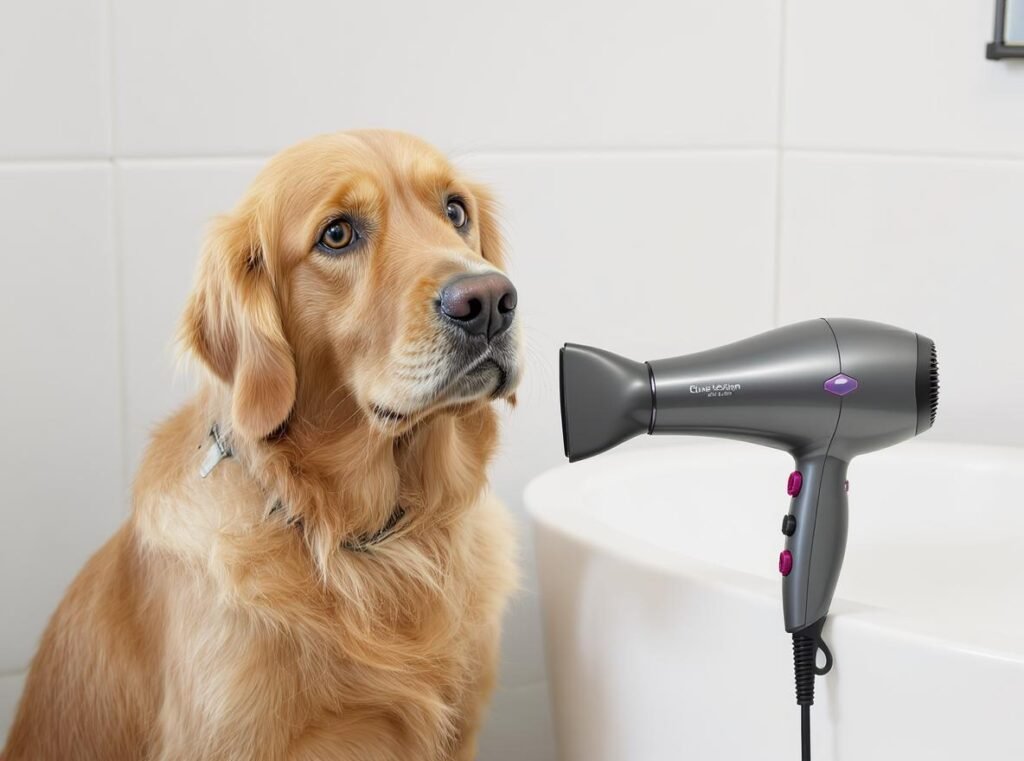Golden retriever dog looking worried next to human hair dryer in bathroom setting