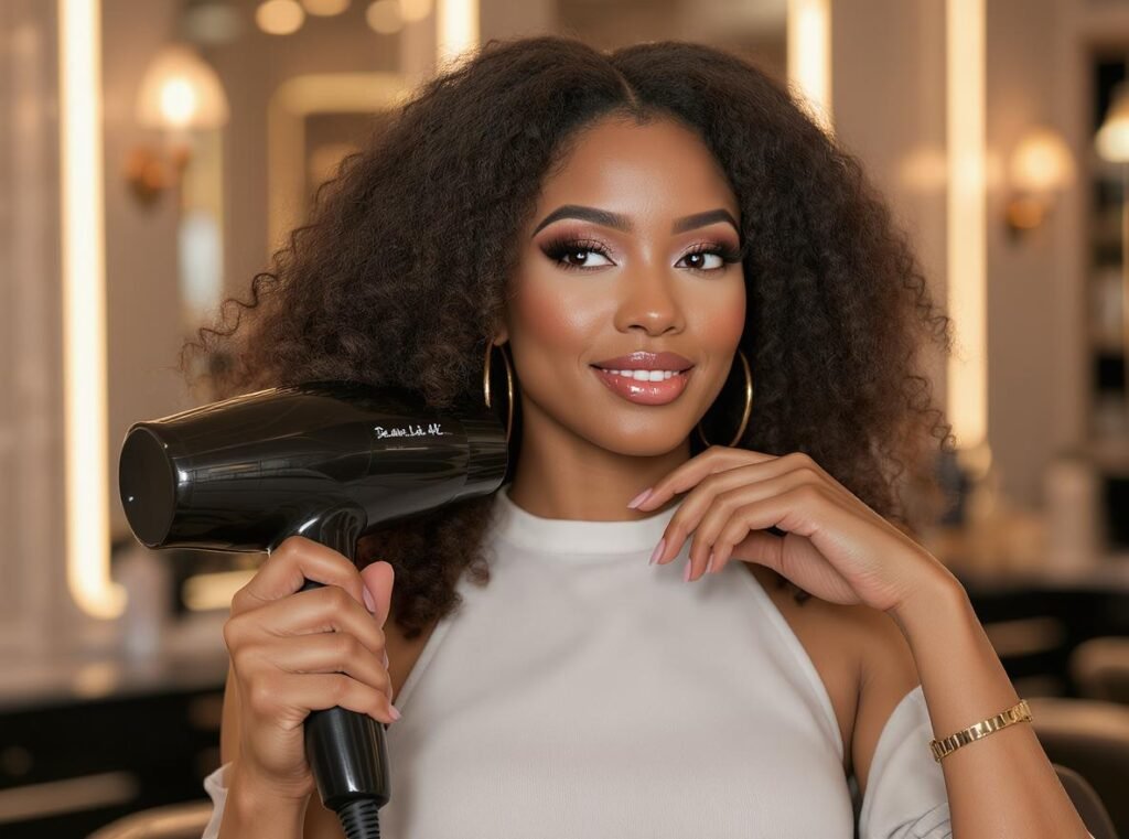 African American woman using ionic blow dryer on natural type 4C hair in professional salon