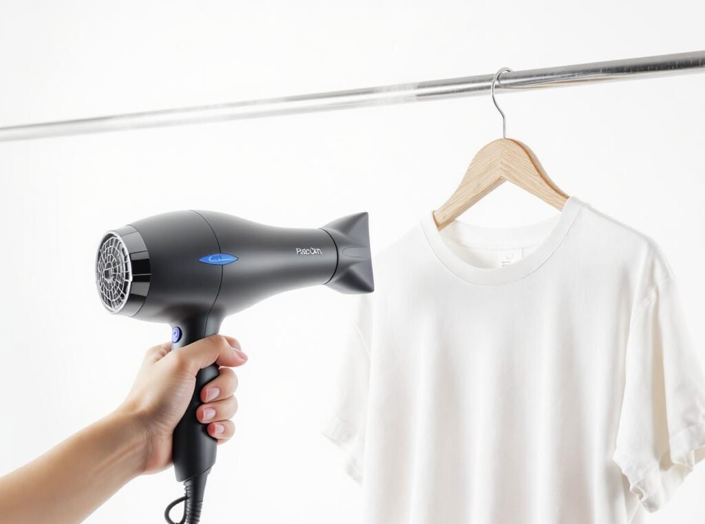 Professional hair dryer safely drying wet cotton t-shirt hanging on hanger