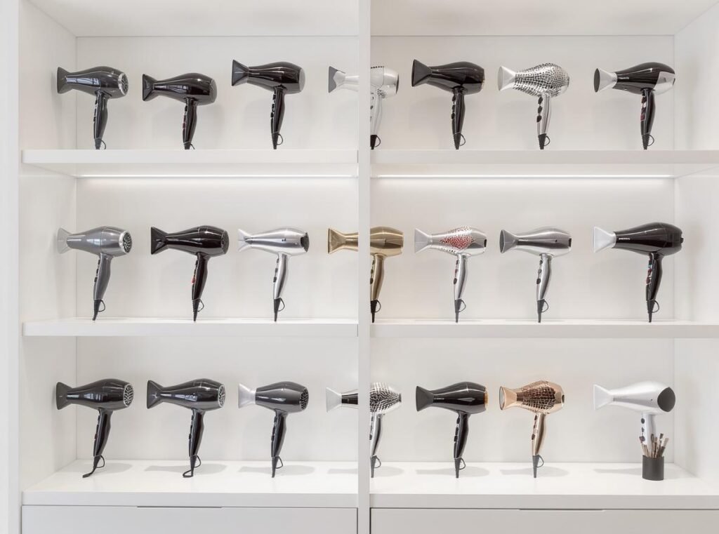 Professional hair dryer brands displayed in modern salon showcase for wholesale retailers