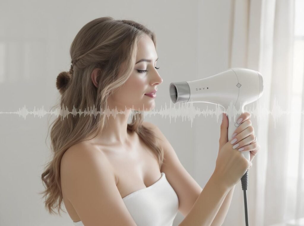 Woman using quiet hair dryer in peaceful bathroom with minimal noise