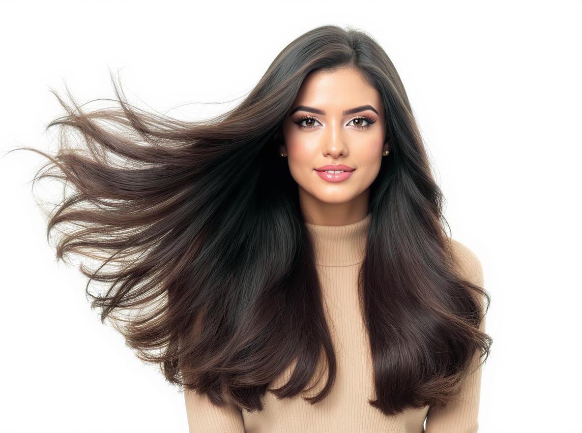 Woman with thick long hair naturally air dried without hair dryer