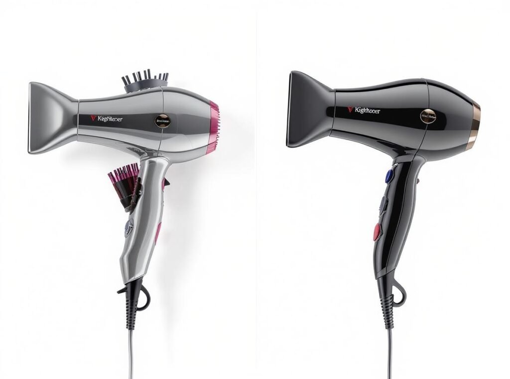 Multi-tool hair dryer with attachments compared to single-purpose professional hair dryer on white background