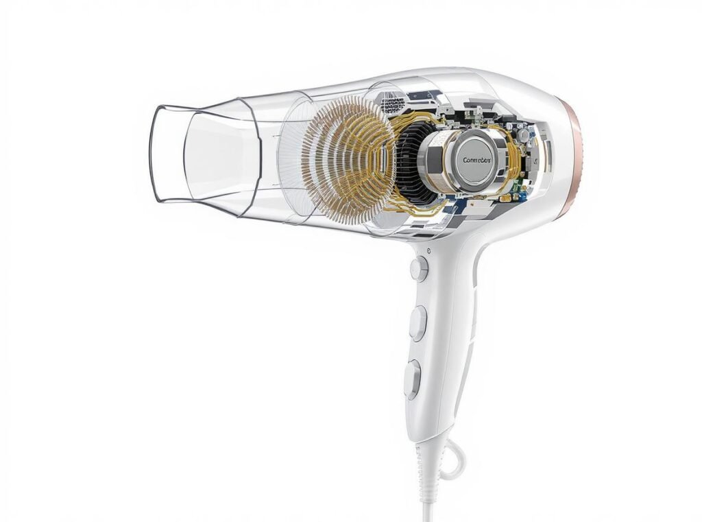 Professional hair dryer features diagram showing internal components and technology