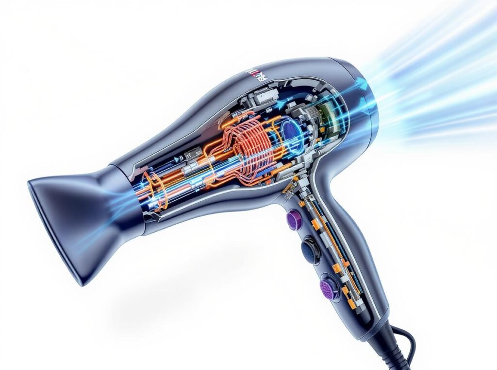 Technical diagram showing how cold air hair dryers work with heating element disabled