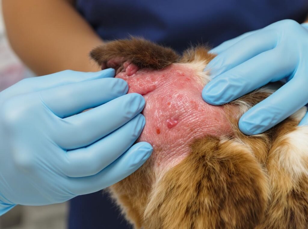 Dog skin irritation and burns from improper hair dryer use during veterinary examination