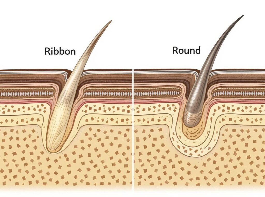 Scientific diagram comparing African American hair structure to other hair types showing flat ribbon shape