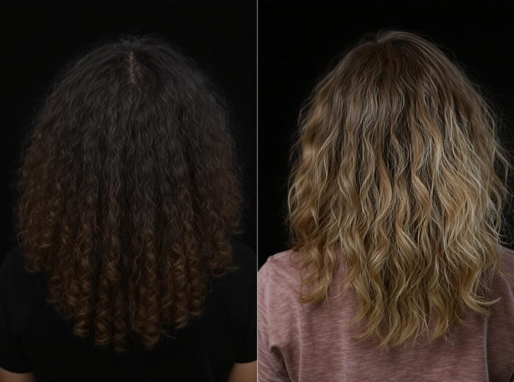 Comparison of healthy curls versus heat damaged curly hair