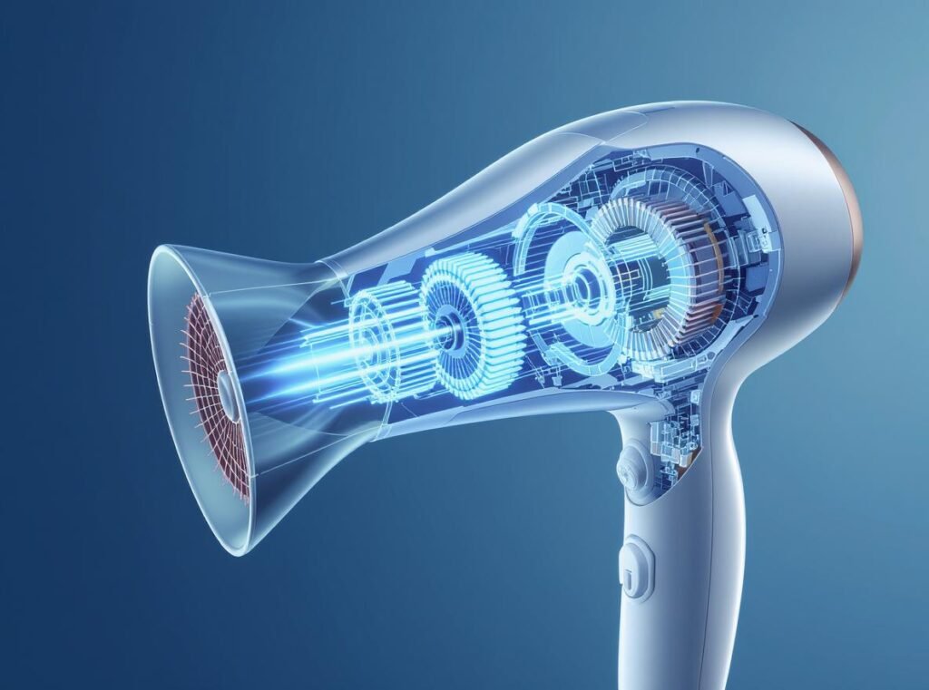 Hair dryer internal components showing motor and fan causing noise