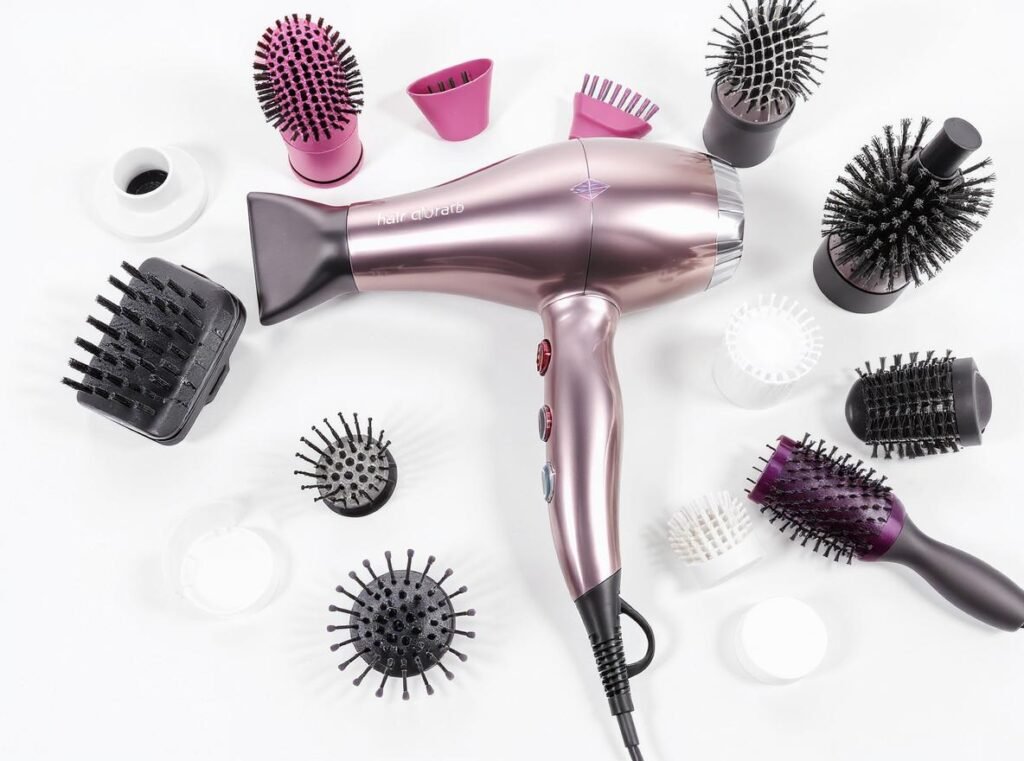 Multi-tool hair dryer surrounded by various styling attachments including curling barrels and smoothing brushes