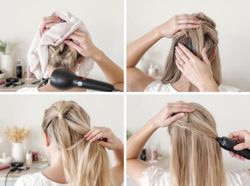 Essential hair preparation steps for blow drying including towel drying and heat protectant