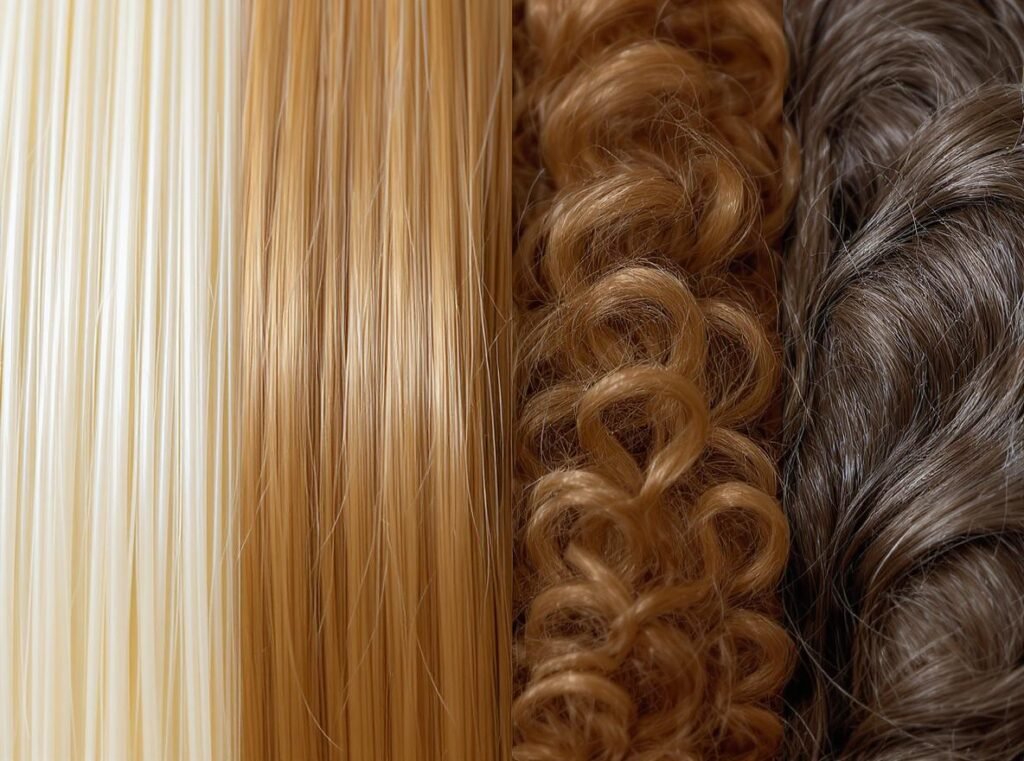 Close-up comparison of different hair types - fine, thick, curly, and damaged hair textures