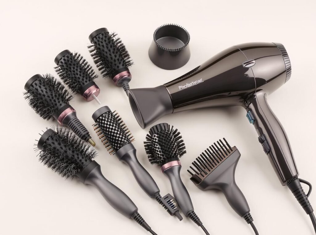 Professional hair styling tools including high-quality blow dryer and brushes for salon results
