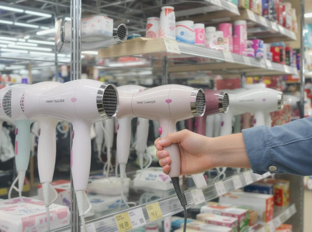 Hair dryer retail display showing wholesale opportunities and customer selection