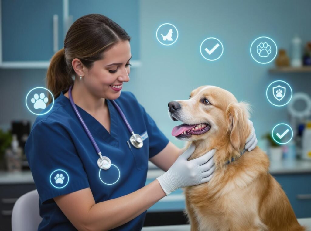 Veterinarian examining healthy dog with pet safety symbols showing ionic dryer safety