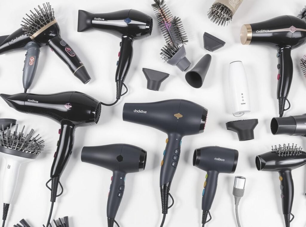 Various hair dryer models showing cold shot buttons and cool air features