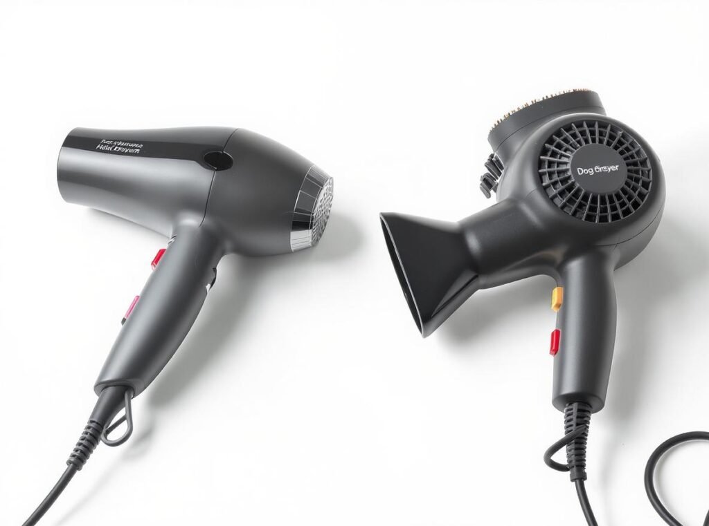 Side by side comparison of human hair dryer versus professional dog grooming dryer