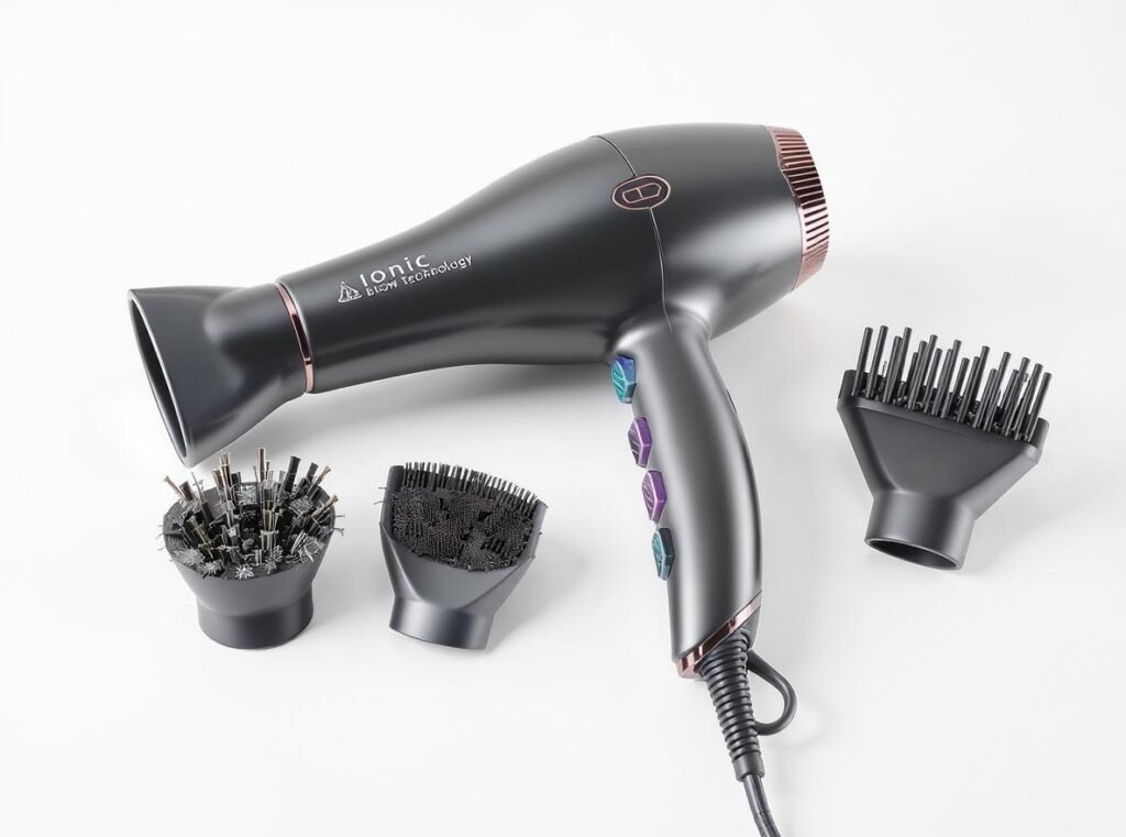 Professional blow dryer with ionic ceramic technology and multiple attachments for African American hair