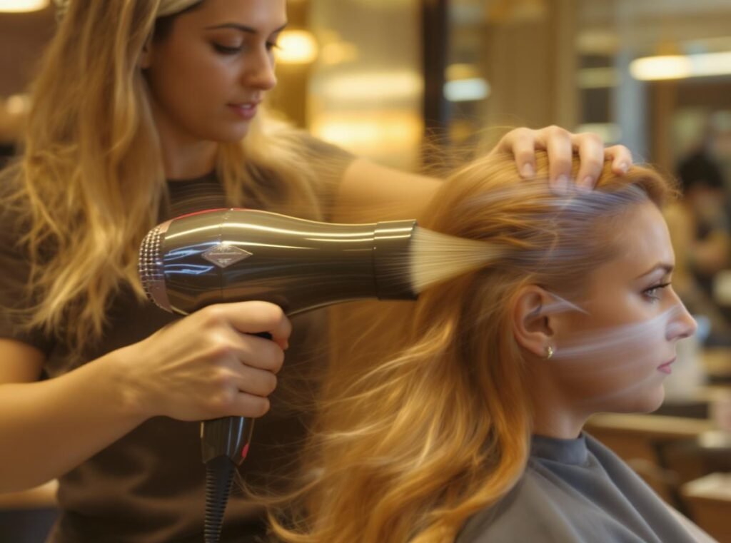 Professional stylist using high-wattage hair dryer for fast efficient drying