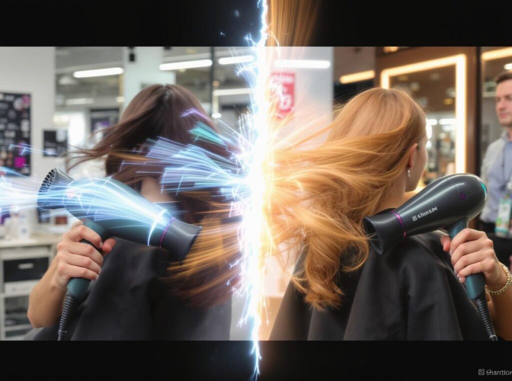 Side-by-side speed comparison of multi-tool and traditional hair dryers showing drying performance