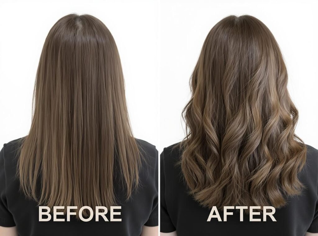Before and after hair styling results showing long-lasting professional style