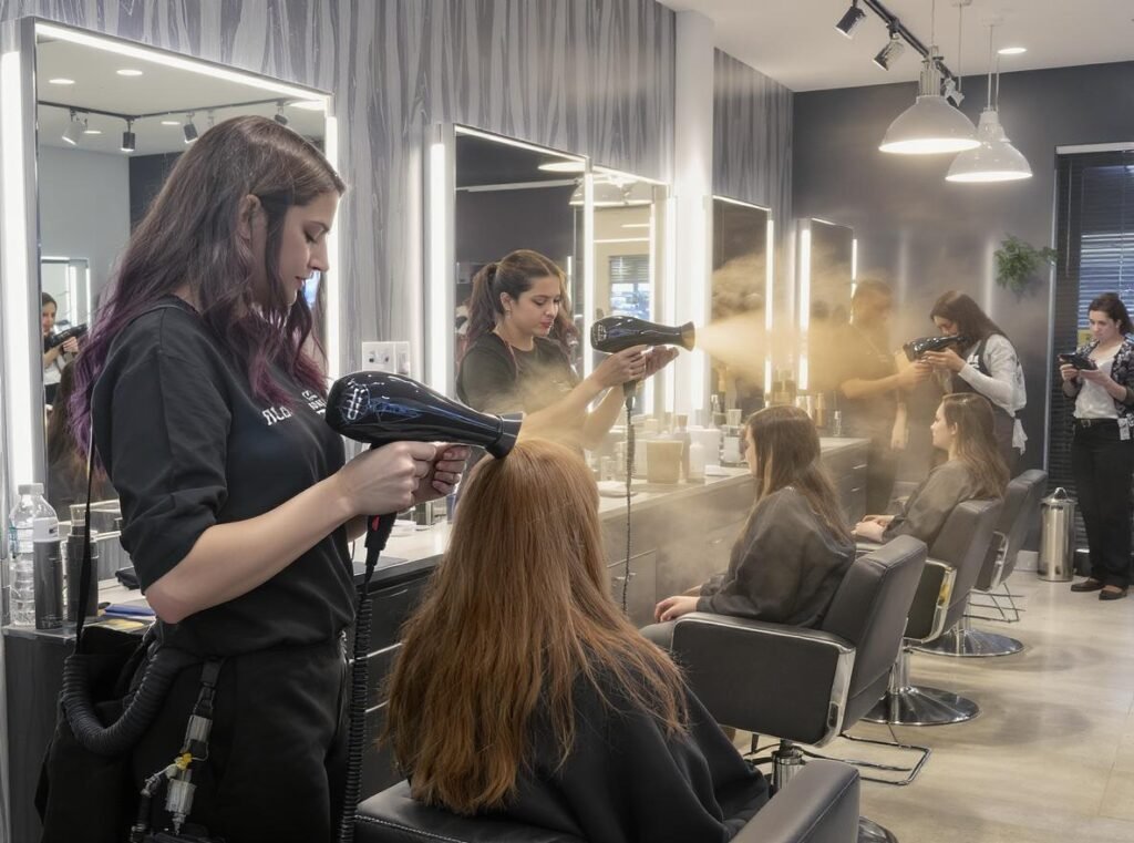 Professional salon stylists using top-rated hair dryers for client services
