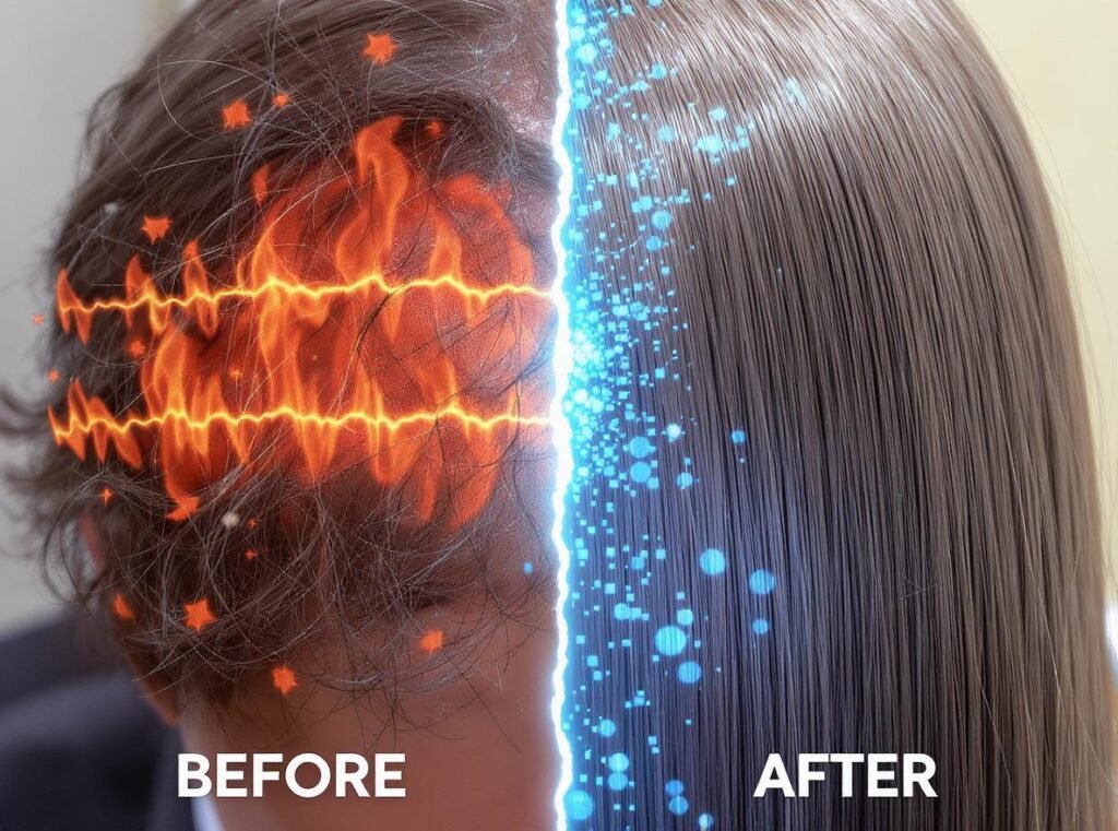 Comparison showing hair health benefits of cold air drying versus hot air damage