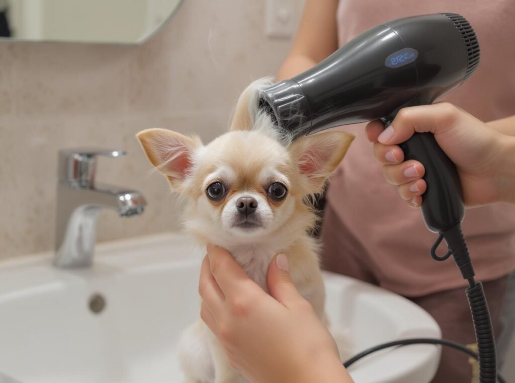 Small dog being safely dried with human hair dryer on cool setting at proper distance