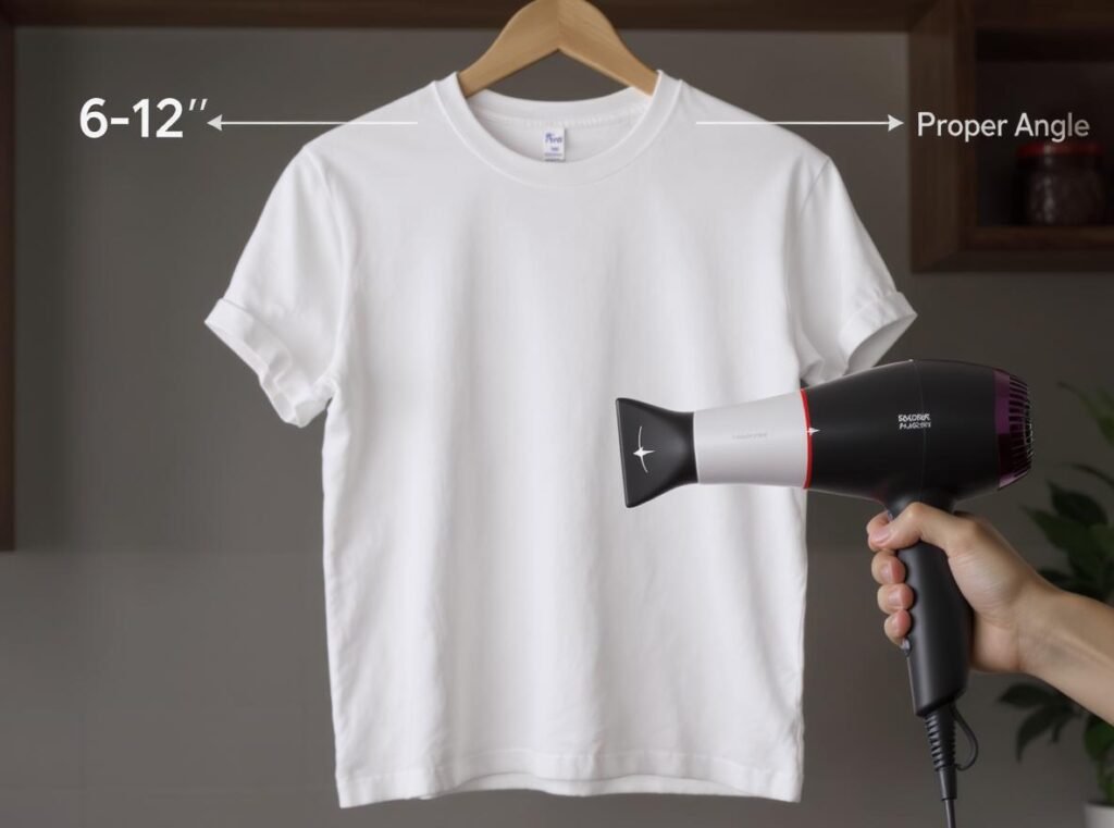 Demonstration of proper hair dryer technique for drying clothes safely