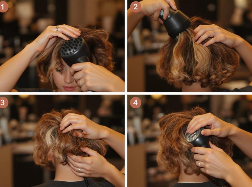 Professional technique for blow-drying curly hair with diffuser