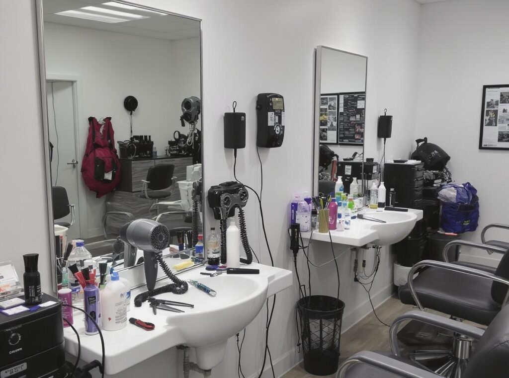 Professional salon workstation featuring both multi-tool and single-purpose hair dryers for comparison