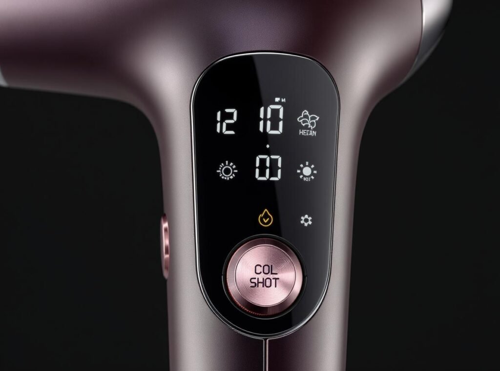 Hair dryer control panel showing multiple heat and speed settings with cool shot