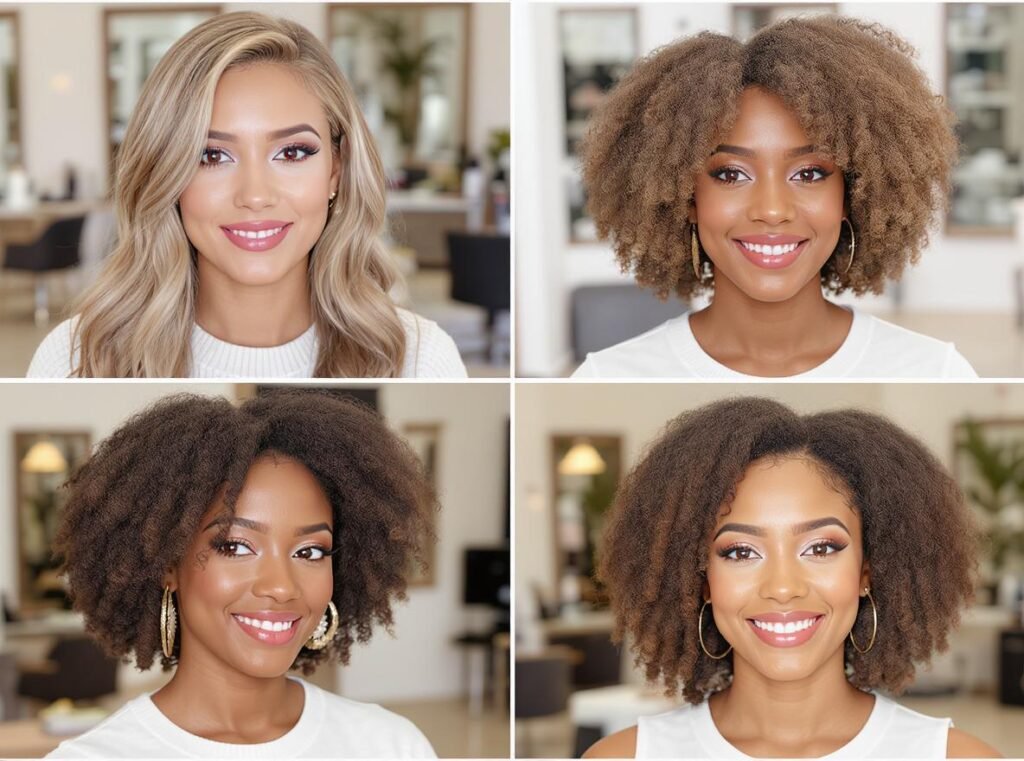Different hair types styled with professional hair dryers and styling products