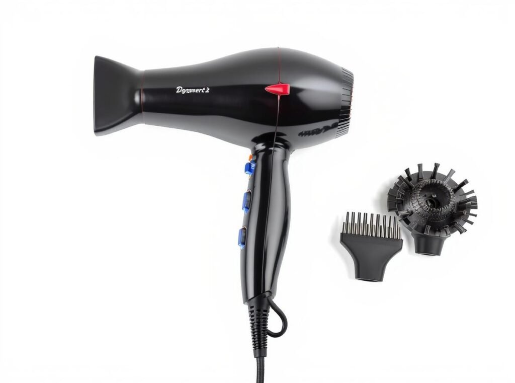 Professional dog hair dryer with adjustable temperature controls and multiple attachments