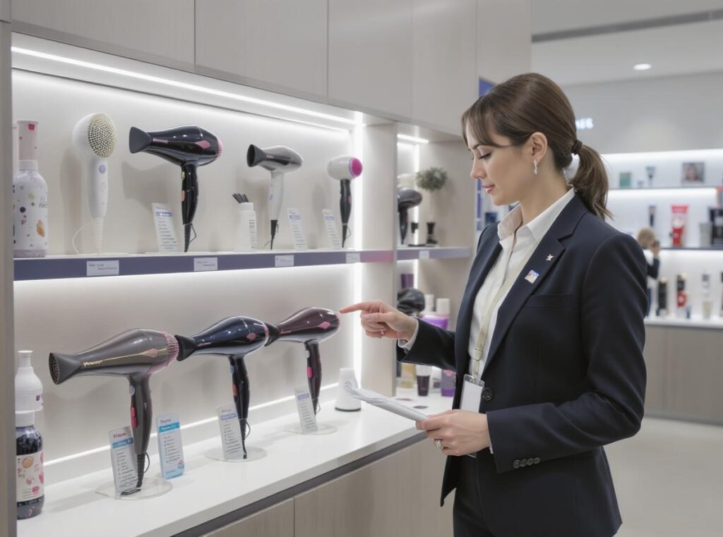 Retail buyer evaluating different hair dryer brands for wholesale purchase decisions