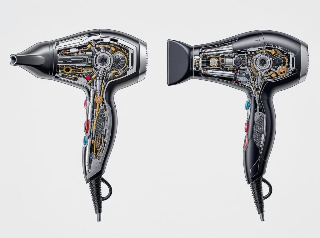 Technical comparison showing internal components of multi-tool versus single-purpose hair dryers