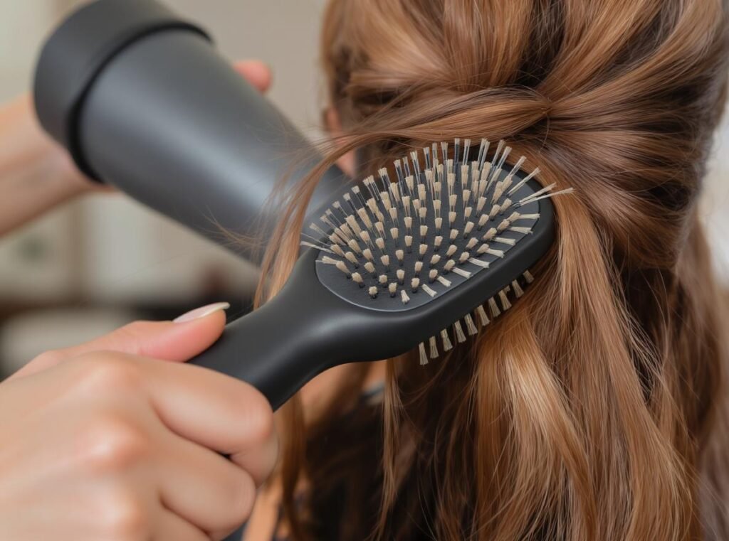 Professional round brush technique with blow dryer for smooth hair styling