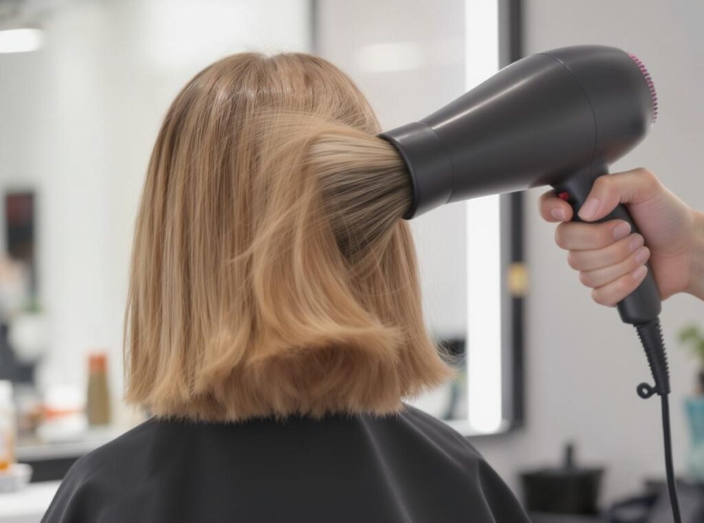 Hair dryer creating volume in fine hair with round brush technique