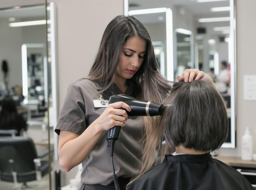 Professional hairstylist demonstrating proper blow drying technique in salon