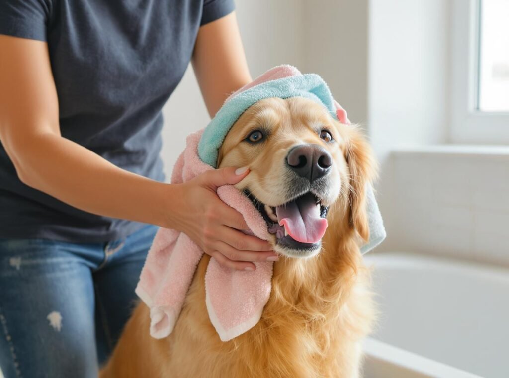Dog being safely towel dried with microfiber towels using proper blotting technique