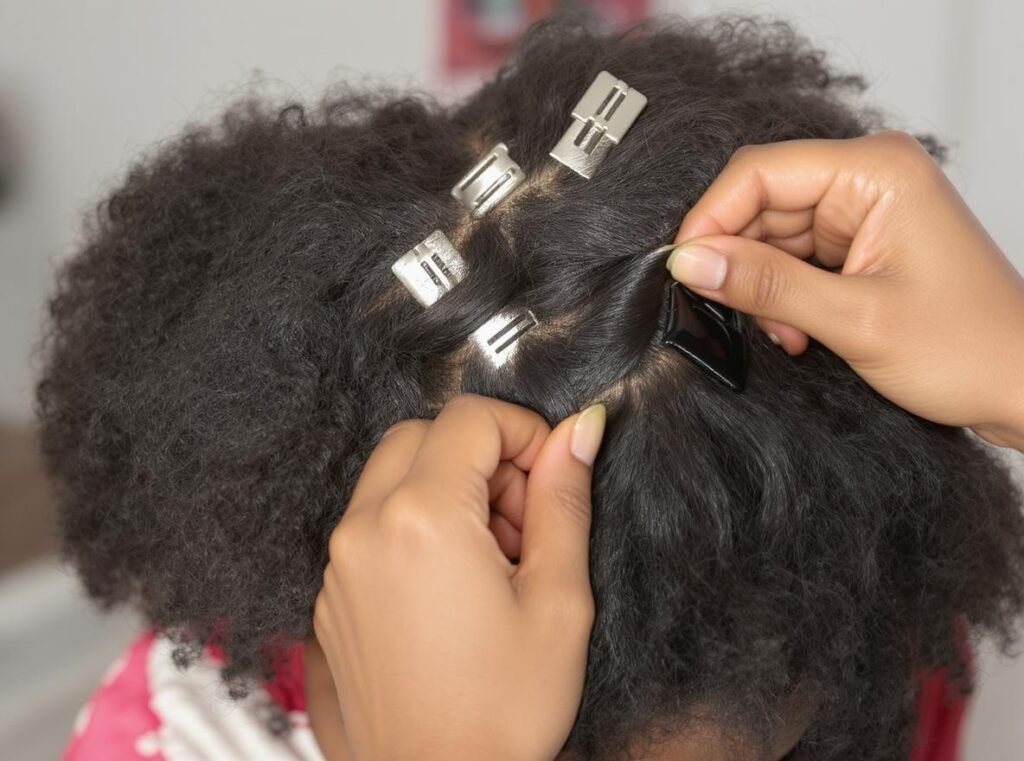 Professional hair sectioning technique for blow drying African American natural hair