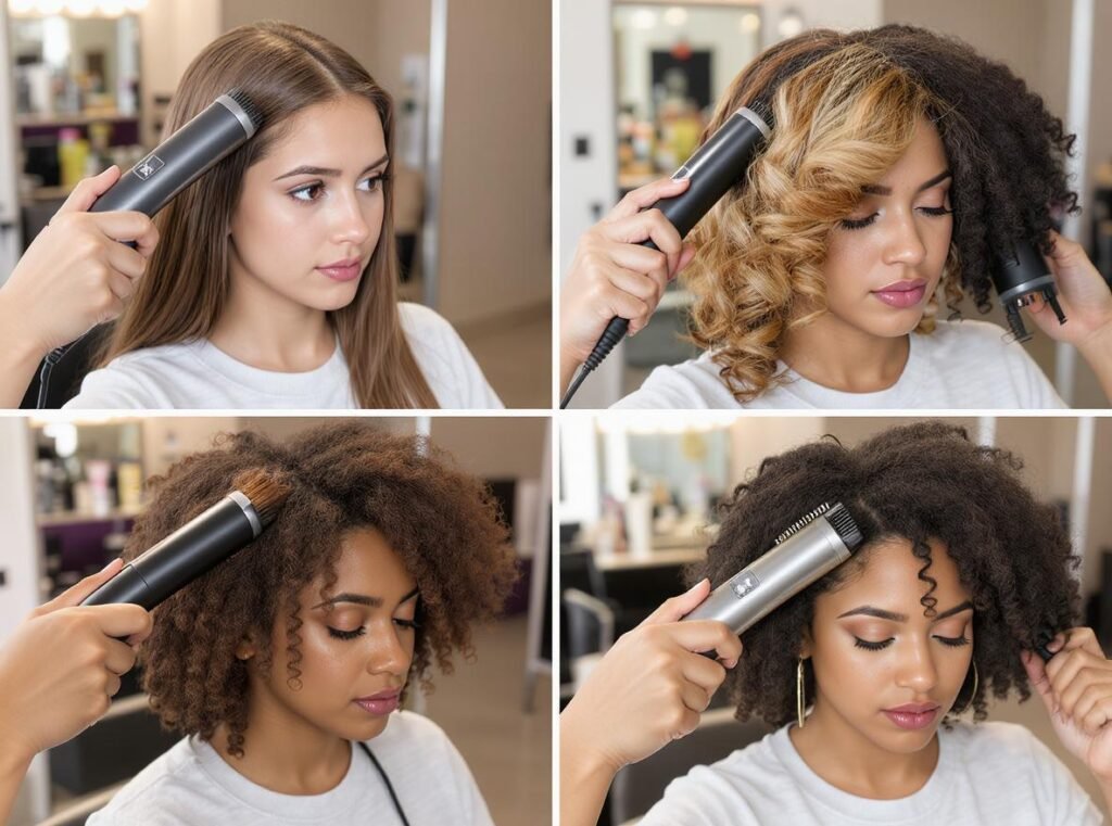 Multi-tool hair dryer being used on different hair types including straight, wavy, curly and coily textures