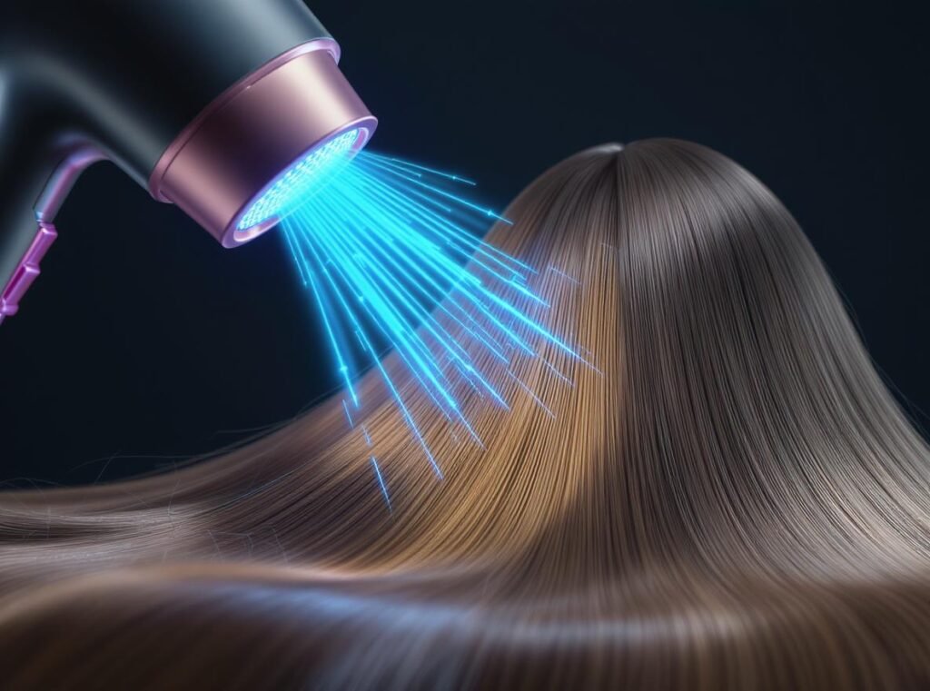 Proper blow dryer airflow direction for smooth hair cuticles and frizz prevention