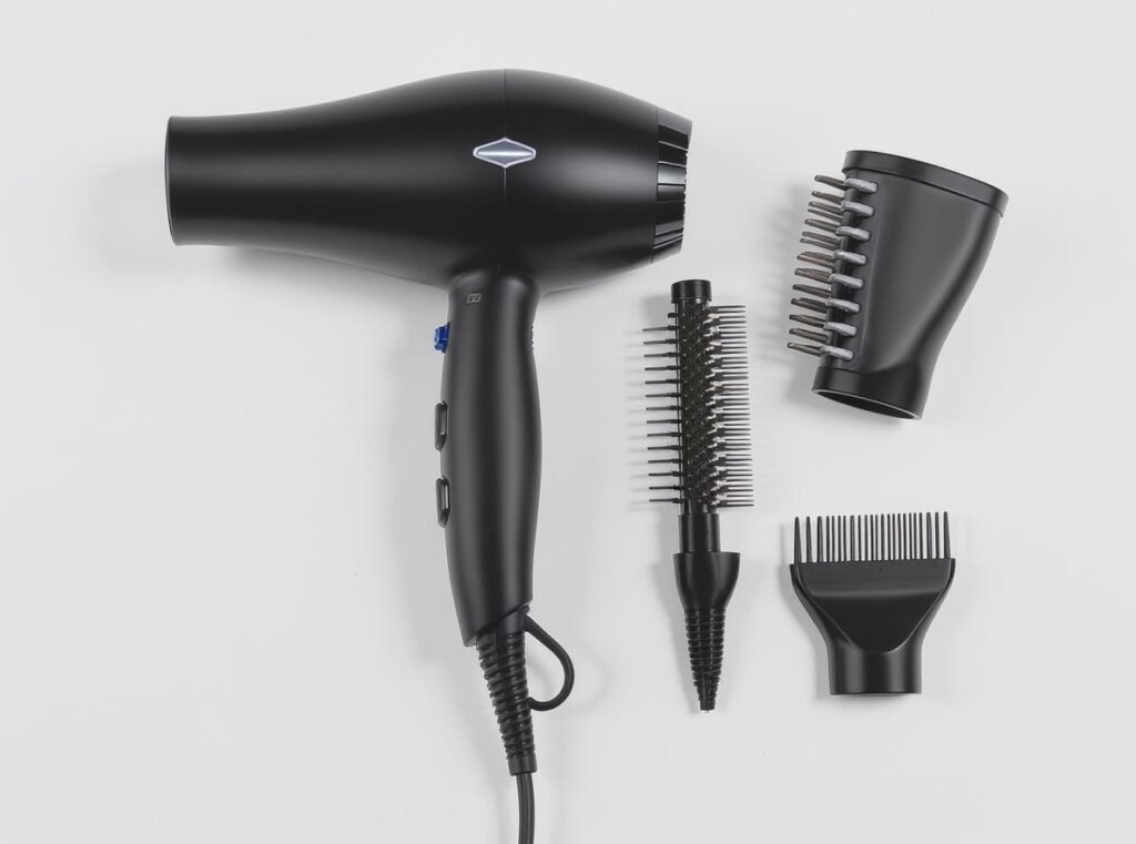 Hair dryer attachments including concentrator nozzle, diffuser, and comb attachments