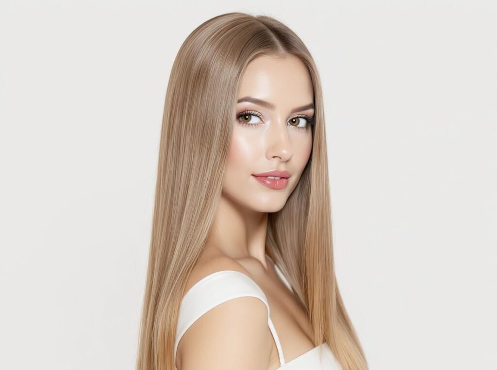 Sleek straight fine hair styled with professional straightener