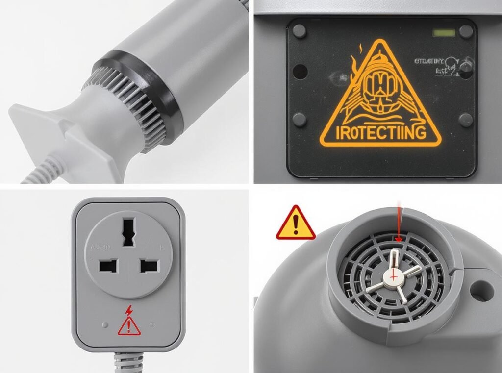 Hair dryer safety features including ALCI plug and overheat protection systems