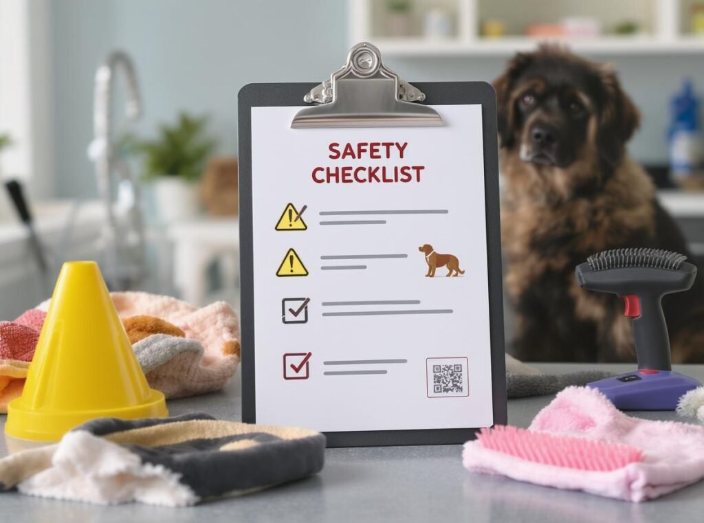 Pet grooming safety checklist with warning symbols and protective equipment