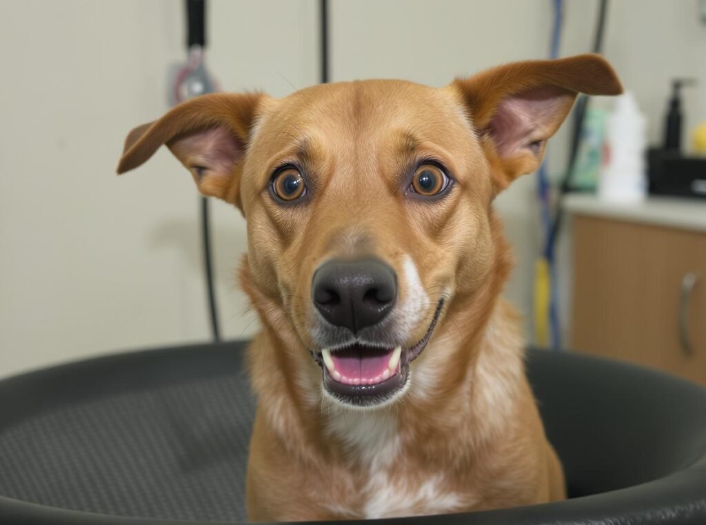 Stressed anxious dog showing warning signs during grooming session with ears back and panting