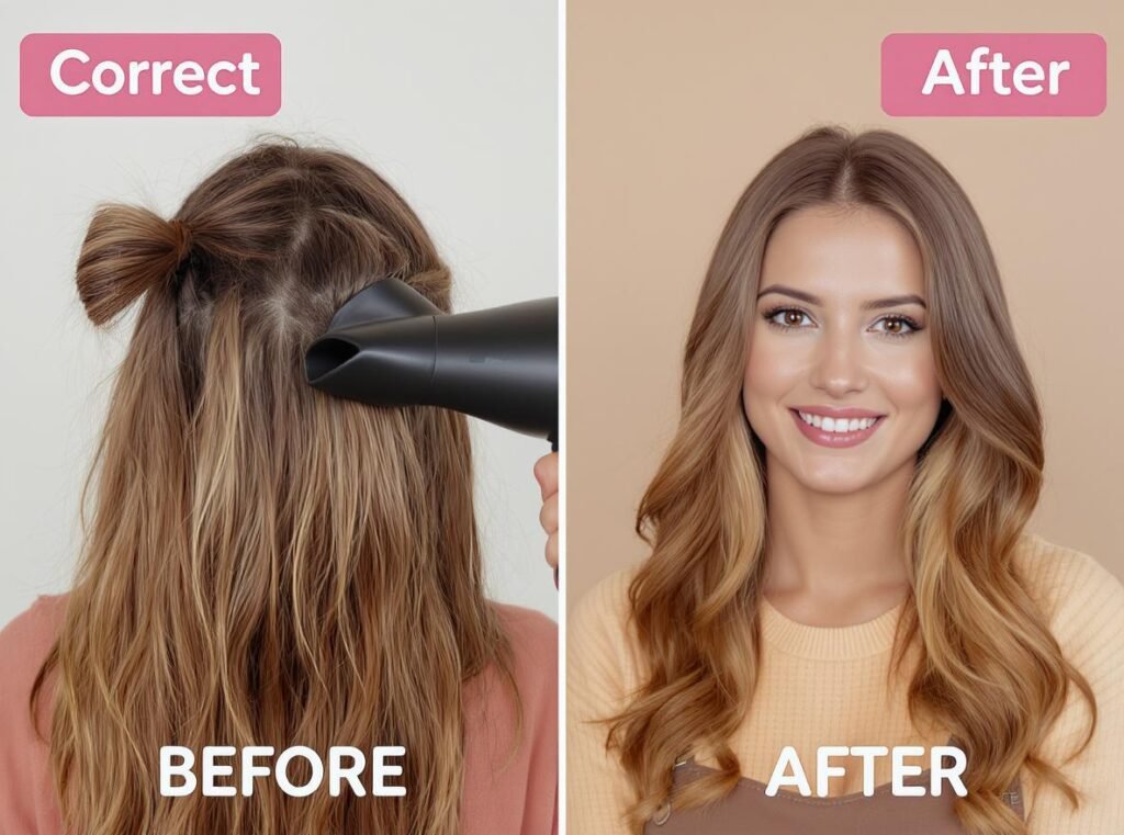 Comparison showing common blow drying mistakes vs correct techniques for African American hair
